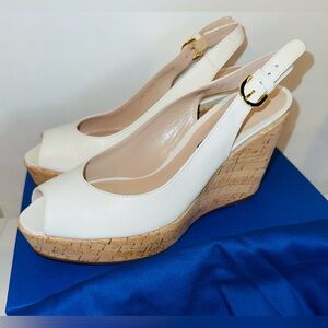 New Stuart Weitzman white patent leather slingback cork wedge sandals shoes 7.5